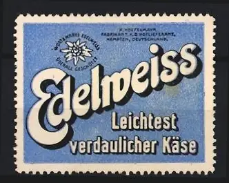 Reklamemarke Kempten, Edelweiss, K. Hoefelmann Fabrikant, Leicht verdaulicher Käse, Edelweissblüte