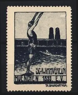 Künstler-Reklamemarke Th. Baumgartner München, Schwimmverein München 1899 E.V., Schwimmer vor Frauenkirche