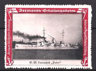 Reklamemarke Seemanns-Erholungsheim, S.M. Linienschiff Posen unter Dampf, Kaiser Wilhelm-Stiftung