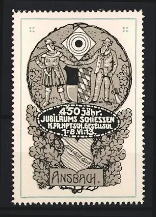 Reklamemarke Ansbach, 450-jähr. Jubiläums Schiessen, Schützen mit Wappen
