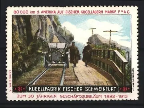Reklamemarke Schweinfurt, Kugellager-Fabrik Fischer, 80.000 km durch Amerika auf Fischer Kugellagern, Auto auf Bahndamm