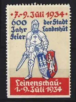 Reklamemarke Landeshut, 600 Jahr-Feier der Stadt Landshut, Ritter mit Wappen 1934