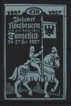 Reklamemarke Kaufbeuren, 430 Jahre Historisches Tänzelfest 1927, Reiter mit Fahne