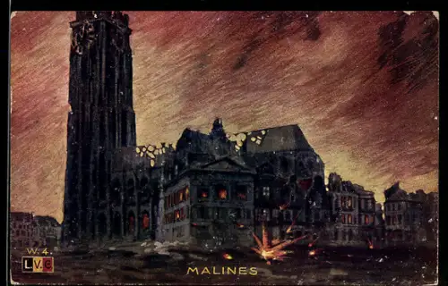 AK Malines, Brennende Kirche und zerstörte Häuser