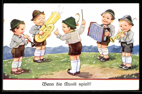 AK Kleine Musikanten mit Akkordeon auf einer Wiese