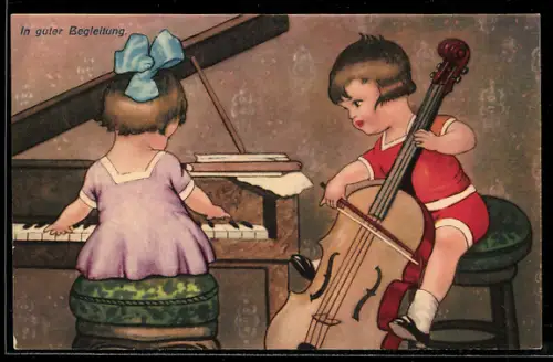 AK Zwei Kinder mit Cello und Klavier