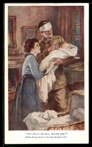 AK Verwundeter erblindeter Soldat mit Frau und Kind