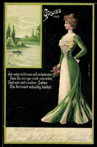 AK Aufforderung an Schreibfaule mit hübscher Dame und Rosenstrauss