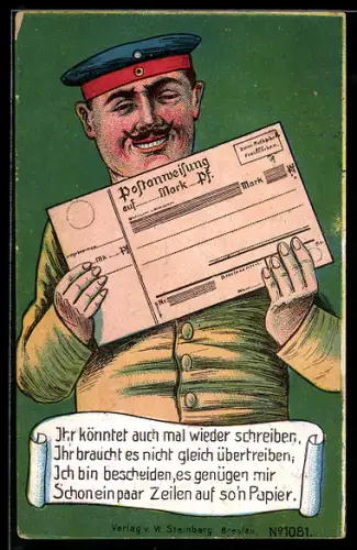 AK Aufforderung an Schreibfaule, Postbote mit Postanweisung