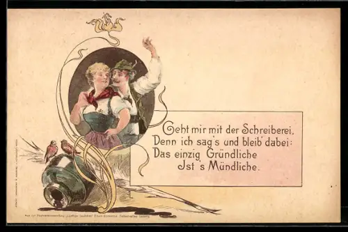 AK Paar in bayrischer Tracht, Tintenfässchen mit Feder, Spruch