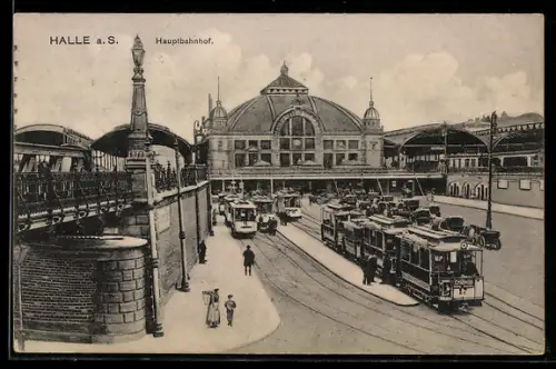 AK Halle a. S., Hauptbahnhof, Strassenbahnen