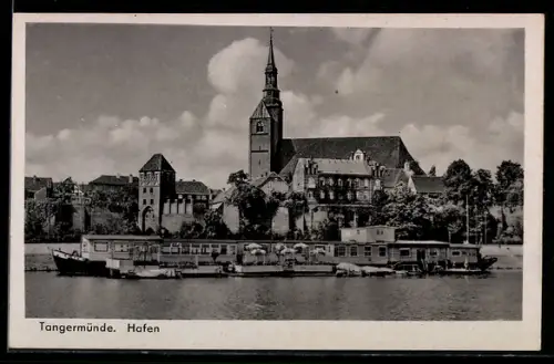 AK Tangermünde, Hafen, Ortspanorama v. d. Elbe aus