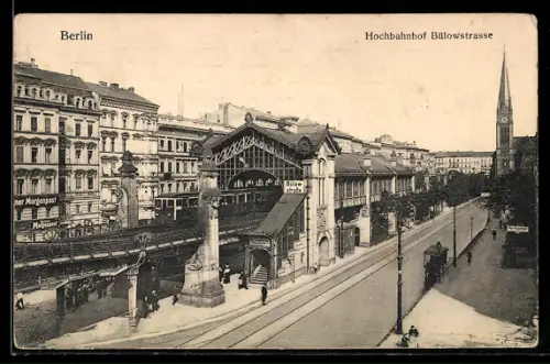 AK Berlin-Schöneberg, Hochbahnhof Bülowstrasse, Strassenpartie, Kirche