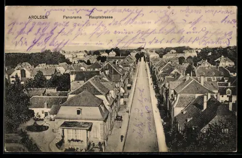 AK Arolsen, Ortspanorama m. Hauptstrasse aus der Vogelschau