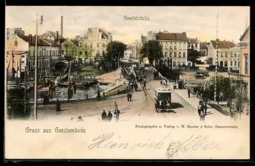 AK Geestemünde, Geestebrücke aus der Vogelschau, mit Hafen