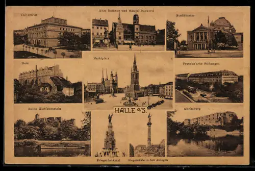 AK Halle a /S., Universität, Marktplatz, Moritzburg, Francke`sche Stiftungen, Kriegerdenkmal