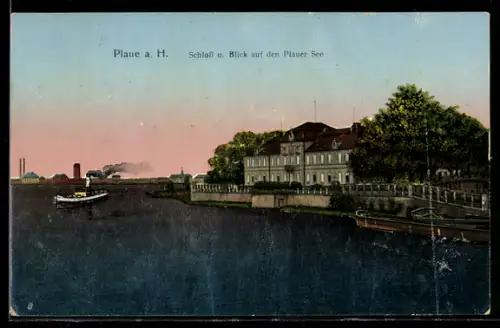 AK Plau a. H., Schloss, Blick auf den Plauer See