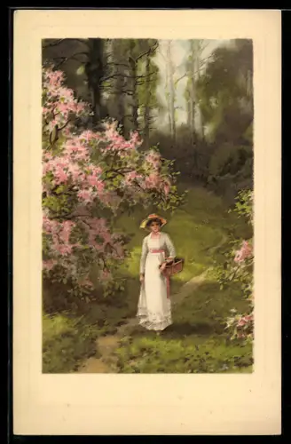 Künstler-AK Meissner & Buch (M&B) Nr. 1672: Frau mit Hut unter einem blühenden Baum