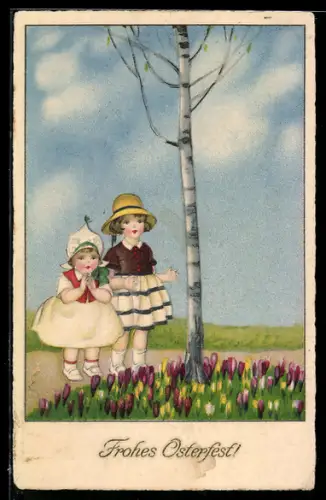 Künstler-AK Meissner & Buch (M&B) Nr. 2879: Zwei kleine Mädchen vor Birke mit Tulpenbeet, Ostergruss