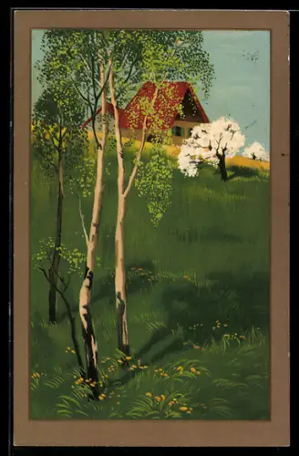 Künstler-AK Meissner & Buch (M&B) Nr. 1825: Frühlingstage, Blühender Baum, Haus, Birke