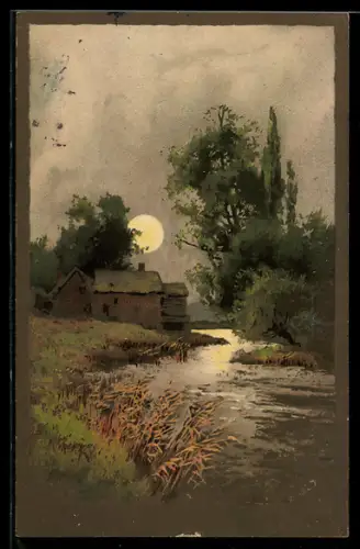 Künstler-AK Meissner & Buch (M&B) Serie 1368: Glühende Farben auf Wald & Flur, Bauernhaus am Fluss