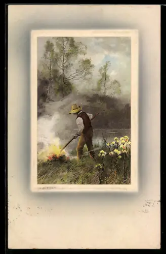 Künstler-AK Meissner & Buch (M&B) Nr. 1526: Frühlingsfeuer am Fluss