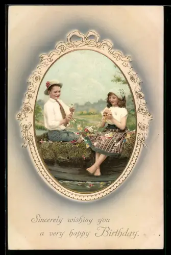 Künstler-AK Meissner & Buch (M&B) Serie 1632: Kleiner Kavalier und seine Herzdame flechten Blumenkränze