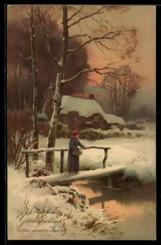 Künstler-AK Meissner & Buch (M&B) Nr. 1728: Zur Winterszeit, Abend, Brücke, Fussgängerin, Haus, Neujahrsgruss