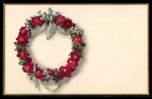 Künstler-AK Meissner & Buch (M&B) Nr. 2251: Kranz mit Seidenband, Rosen u. Vergissmeinnicht: