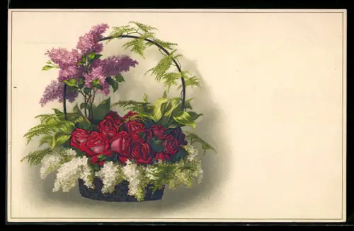 Künstler-AK Meissner & Buch (M&B) Nr. 2261: Henkelkorb mit Rosen und Flieder