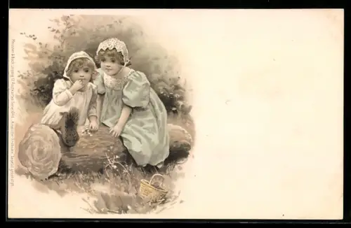 Künstler-AK Meissner & Buch (M&B) Nr. 1048: Mädchen beobachten ein Eichhörnchen