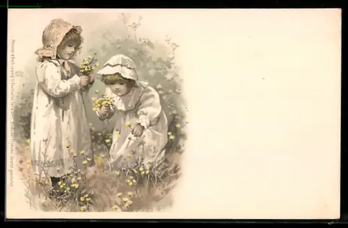 Künstler-AK Meissner & Buch (M&B) Nr. 1048: Kindlicher Frohsinn, Zwei Mädchen beim Blumenpflücken
