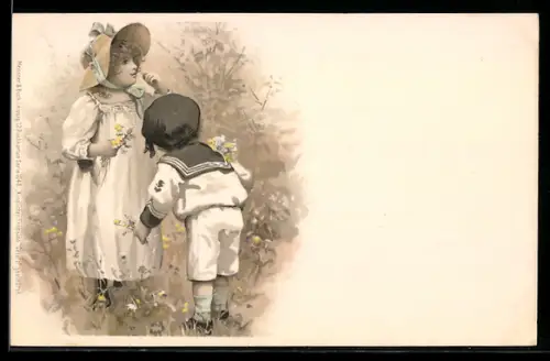 Künstler-AK Meissner & Buch (M&B) Nr. 1048: Kindlicher Frohsinn, Mädchen und Knabe mit gepflückten Blumen