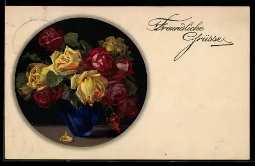 Künstler-AK Meissner & Buch (M&B) Nr. 2281: Rote u. gelbe Rosen in blauer Glasvase