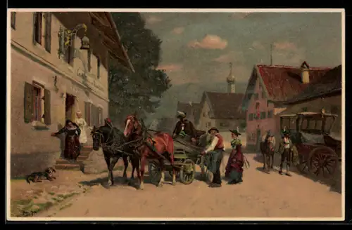 Künstler-AK Meissner & Buch (M&B) Nr. 1450: ein Pferdegepann hält vor einem Gasthaus, Hund