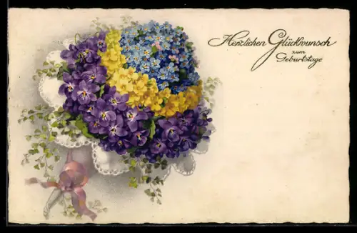 Künstler-AK Meissner & Buch (M&B) Nr. 2593: Bouquet mit Veilchen und Vergissmeinnicht, Geburtstagsgruss
