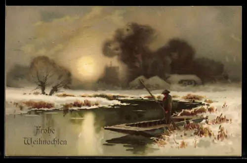 Künstler-AK Meissner & Buch (M&B) Nr. 1797: Kahnfahrer an einem winterlichen See, Weihnachtsgruss