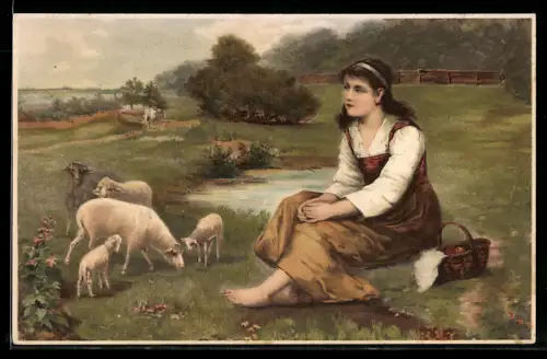 Künstler-AK Meissner & Buch (M&B) Nr. 1457: Schöne Frau mit Schäfchen auf einer Wiese