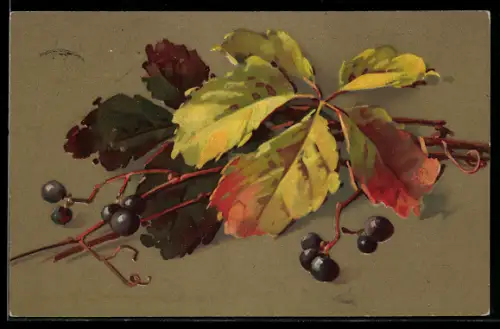 Künstler-AK Meissner & Buch (M&B) Nr. 1862: Herbstliches Kastanienblatt, Zweige mit Beeren