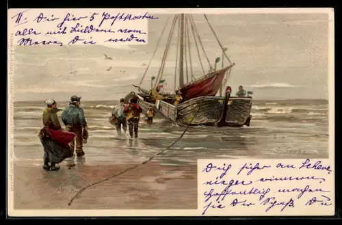 Künstler-AK Meissner & Buch (M&B) Nr. 1097: Strandleben, Heimgekehrtes Fischerboot