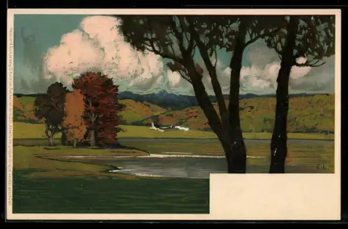 Künstler-AK Ernst Liebermann: Herbstlandschaft mit Bäumen am See