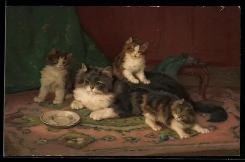 Künstler-AK Meissner & Buch (M&B) Nr. 1945: Katze mit Jungen auf einem Teppich