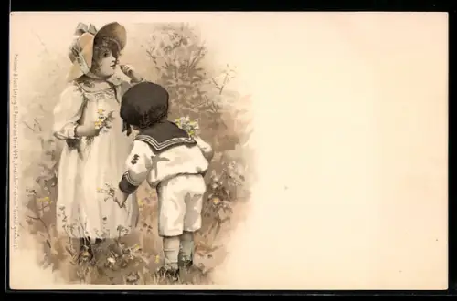 Künstler-AK Meissner & Buch (M&B) Nr. 1948: Kindlicher Frohsinn, Kleines Paar mit gepflückten Blumen
