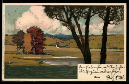 Künstler-AK Ernst Liebermann: Herbstlandschaft mit Bäumen am See