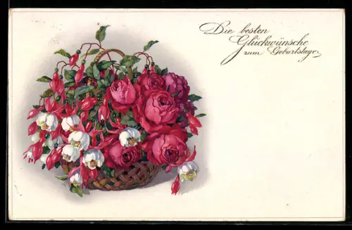 Künstler-AK Meissner & Buch (M&B) Nr. 2473: Rosen mit Fuchsien im Korb, Geburtstagsgruss