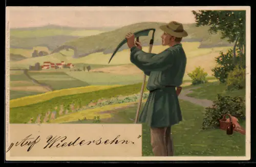 Künstler-AK Meissner & Buch (M&B) Nr. 1323: Der Maler auf dem Lande, Schärfen einer Sense
