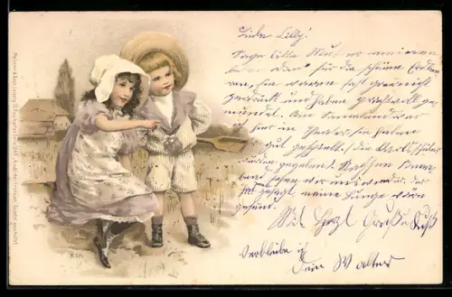 Künstler-AK Meissner & Buch (M&B) Nr. 1048: Kindlicher Frohsinn, Kleines Paar am Wasser