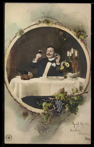 Foto-AK NPG Nr. 319/10: Weinfreund beim Weingenuss an einer Tafel