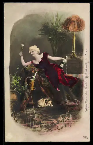 Foto-AK NPG Nr. 319/12: Junge Dame im roten Kleid beim Sekt, Hund