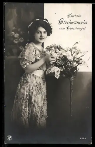 Foto-AK NPG Nr. 2229: Junge Dame mit blühendem Fliederbäumchen, Geburtstagsgruss